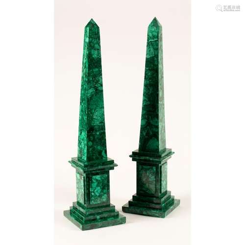 Large Malachite Obelisk Pair.