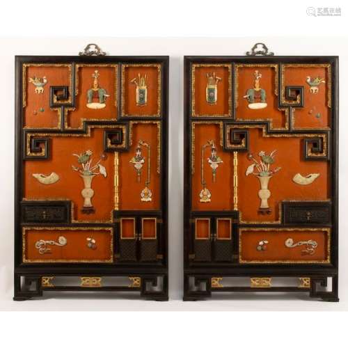 Pair of Large Chinese Cloisonne and Jade Inlaid Wall