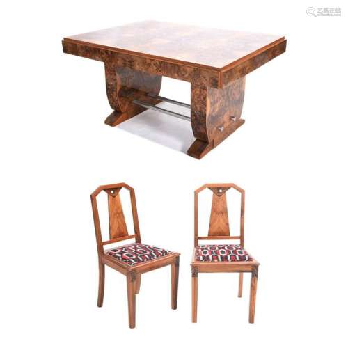 French Art Deco Period Burled Walnut Dining Table with