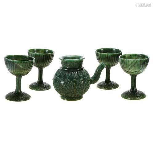 Chinese Set of Five Spinach Jade Mughal Style Wine