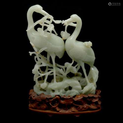 Chinese Carved Celadon Jade Cranes