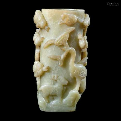 Chinese Carved Pale Green Jade Vase, 20th Century,