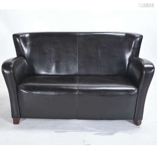 Art Deco Style Black Leather Loveseat.