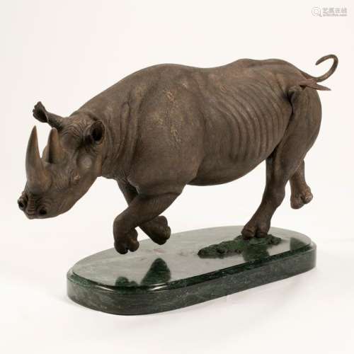 Cold-Painted Bronze Rhino, Signed William M. Davis.