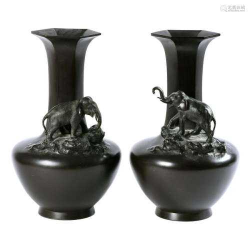 Pair of Japanese Patinated Bronze Elephant Relief