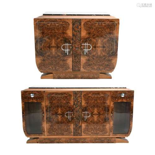 French Art Deco Burl Walnut Furniture Suite.