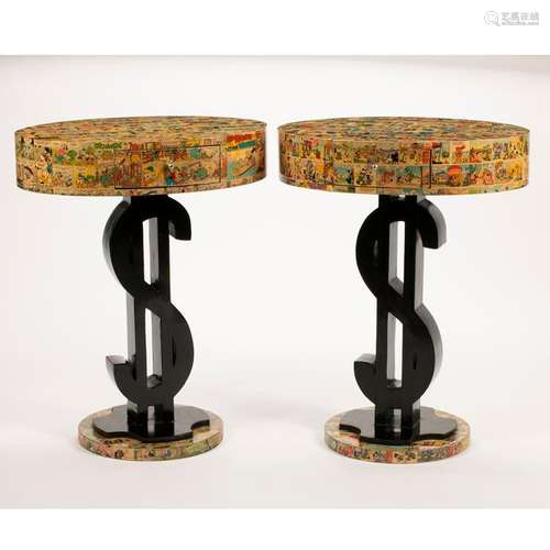 Art Moderne Decoupage Single Drawer Oval Table Pair.