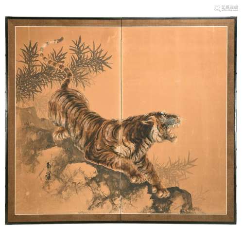 Japanese Painted Paper Two-Panel Wall Screen Depicting