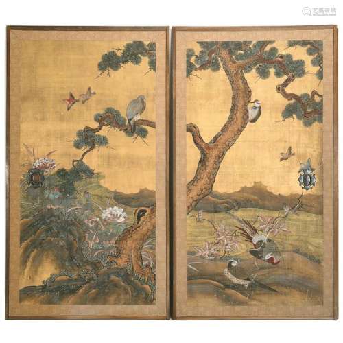 Pair of Japanese Painted Paper Fusuma Doors, Kano