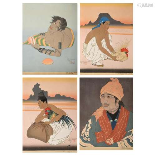Group of Four Japanese Woodblook Prints, Paul Jacoulet