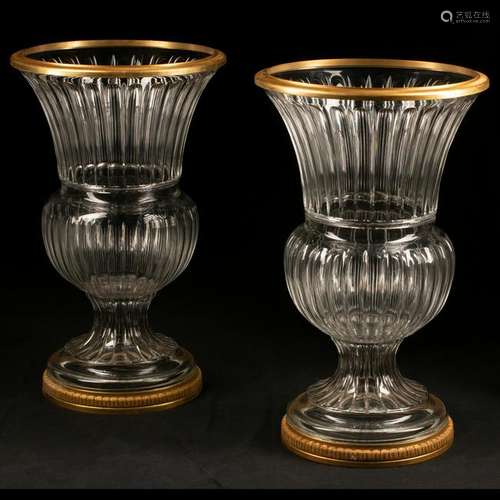 Monumental Cut Crystal Bronze Mounted Urn Pair.