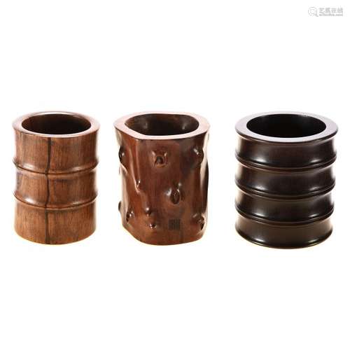 Three Chinese hardwood Brushpots.