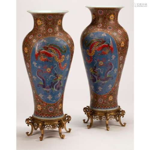 Pair of Monumental Chinese Cloisonne Over Porcelain