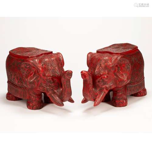 Pair of Chinese Red Lacquer Seated Elephants.