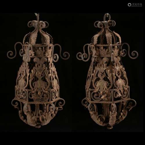 Monumental Spanish Style Wrought Iron Lantern Pair.