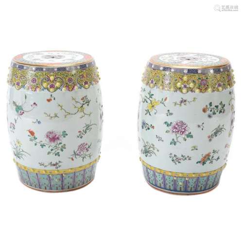 Pair of Chinese Famille  Rose Garden Stools.