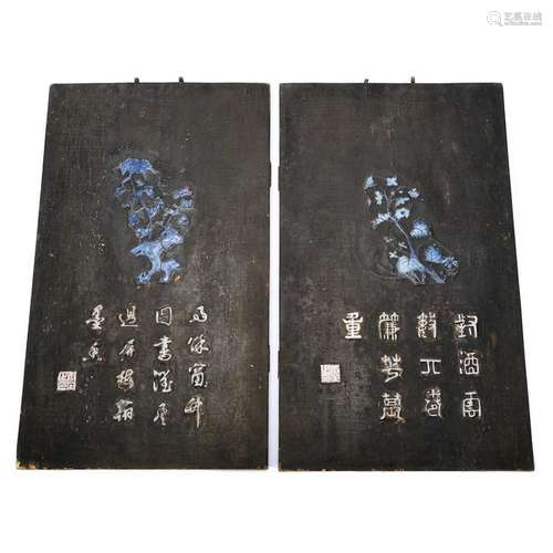 Two Chinese Porcelain decorated Wood Panelswith Tang