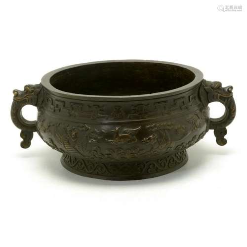 Large Bronze Censer with Dragon Form Handles