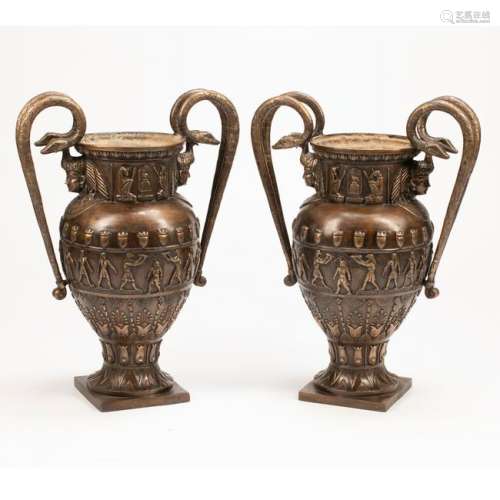 Pompeian Style Dore Bronze Snake Handle Urn Pair.