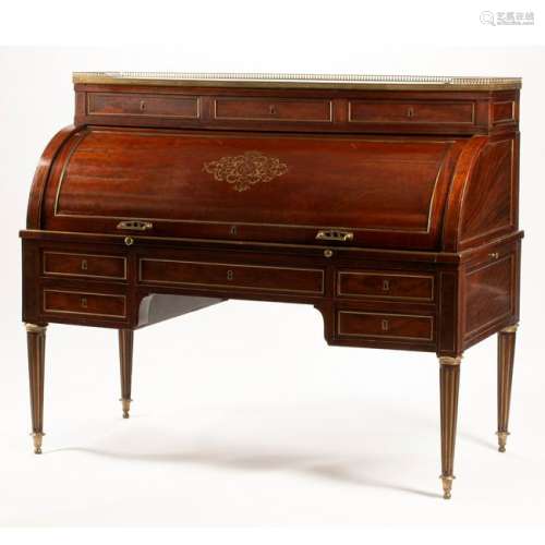 19th Century French Mahogany Cylinder Desk with Brass