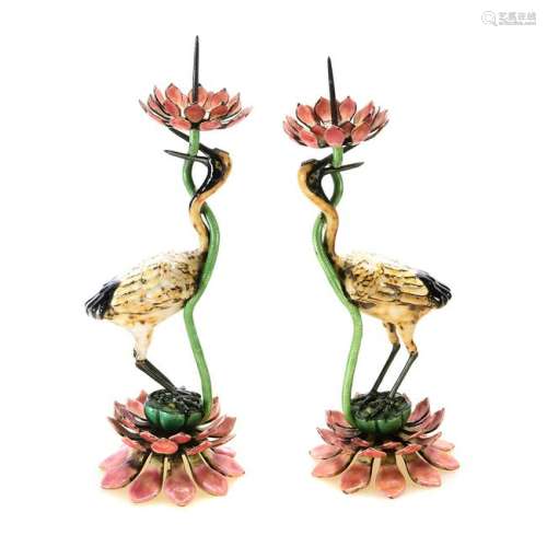 Pair of Chinese Silver and Enamel Crane with Lotus