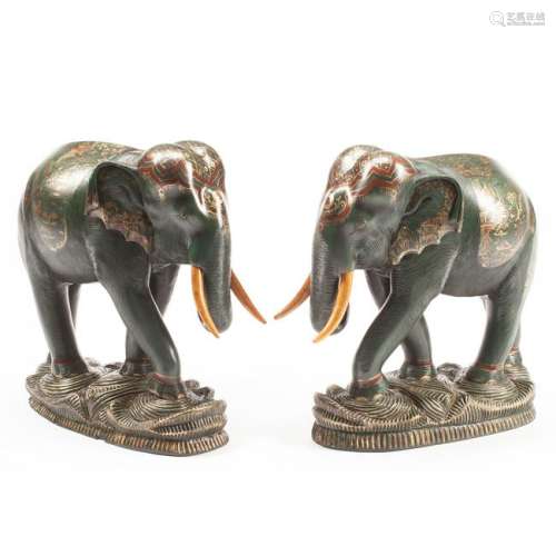 Continental Chinoiserie Wood Carved Elephant Pair.