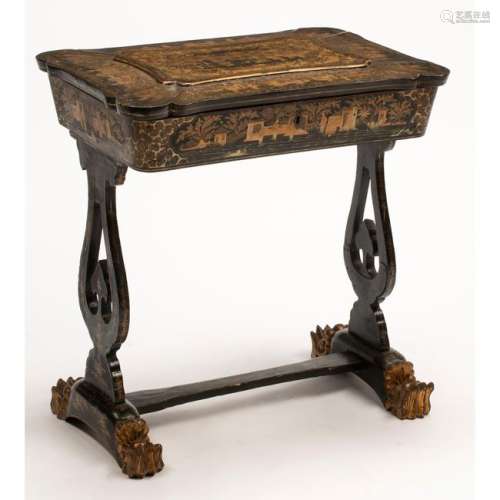 Chinoiserie Black Lacquer Sewing Table.