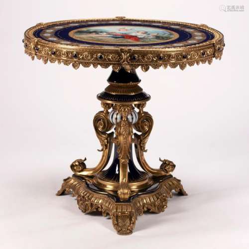 French Dore Bronze Mounted Porcelain Center Table.