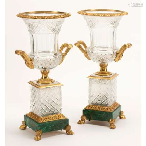 French Cut Crystal Urns with Bronze Mounts and
