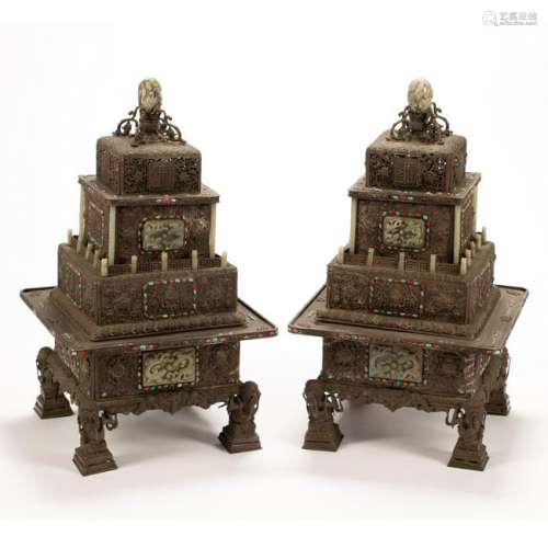 Pair of Large Chinese Silvered Repousse Censers with