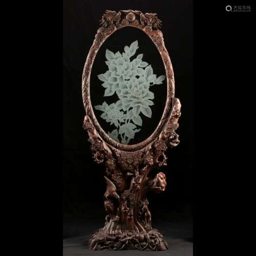 Chinese Framed Etched Glass Panel on Stand.