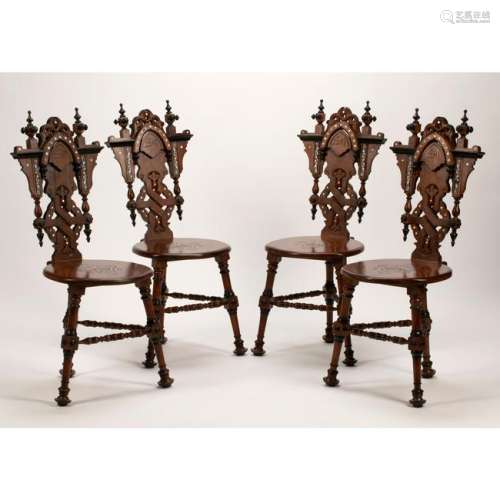 Moorish Inlaid Hall Chairs, Set of Four.
