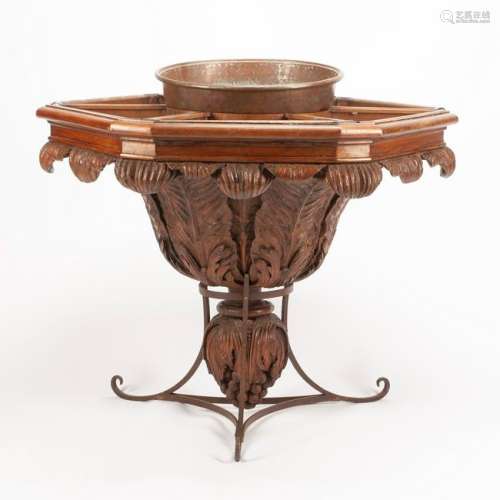 Continental Carved Wood Planter on a Wrought Iron Base