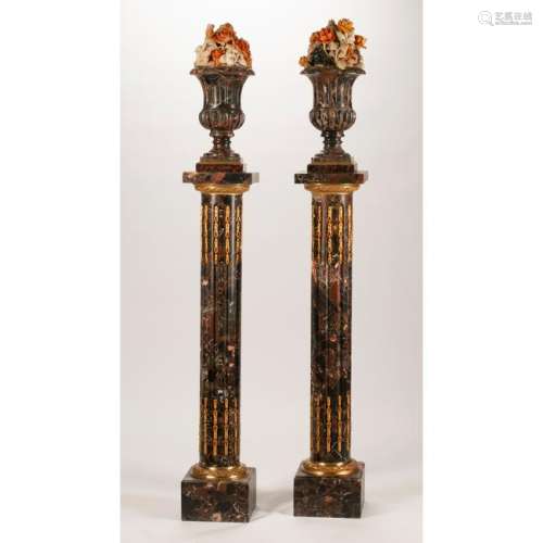 French Variegated Marble Floral Urns on Dore Bronze