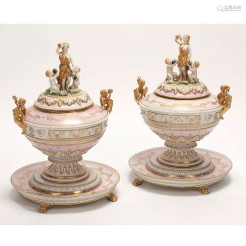 German Porcelain Polychrome Covered Compote Pair.