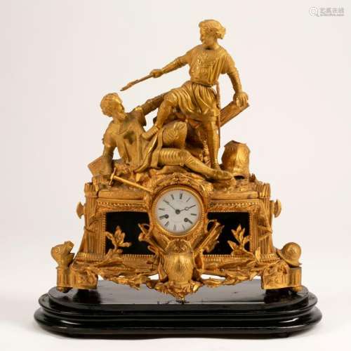 19th Century Dore Bronze Clock on a Wood Base.