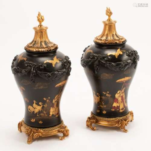Lacquer Chinoiserie Urn with Bronze Mount Pair.