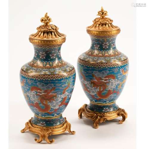 Pair of Chinese Cloisonne Vases with Dore Bronze