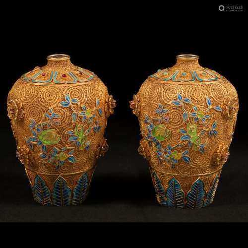 Pair of Chinese Silver and Enamel Vases.