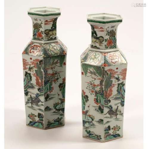 Pair of Chinese Polychrome Porcelain Hexagonal Vases.