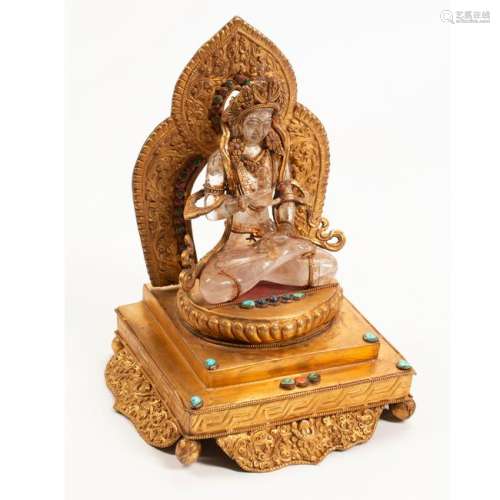 Rock Crystal and Dore Bronze Jeweled Seated Deity on a