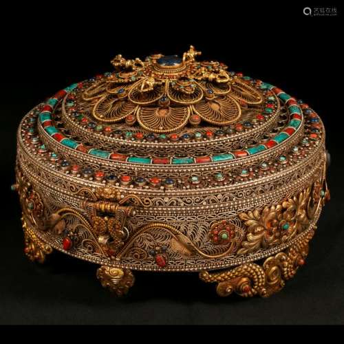 Oriental Bronze Filigree Box Encrusted with