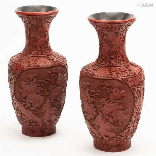 Pair of Large Chinese Cinnabar Vases.
