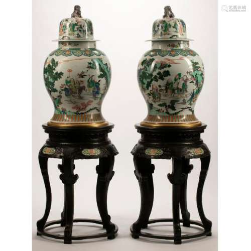 Pair of Monumental Chinese Famille Verte Porcelain Jars