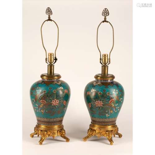 19th Century Chinese Cloisonne Vases as Lamps, Pair.