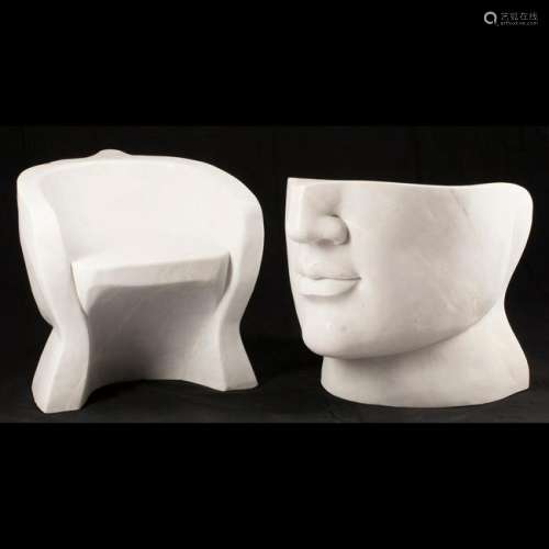 Italian Art Moderne Marble Face Form Chair Pair.