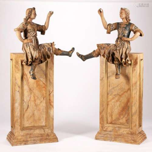 18th Century Italian Wood Polychrome Seated Figures on