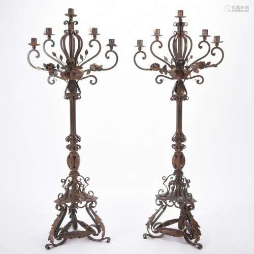 Spanish Wrought Iron Five Light Torchiere Pair.