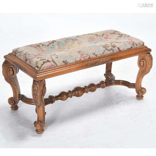 Victorian Renaissance Revival Walnut Upholstered Bench.