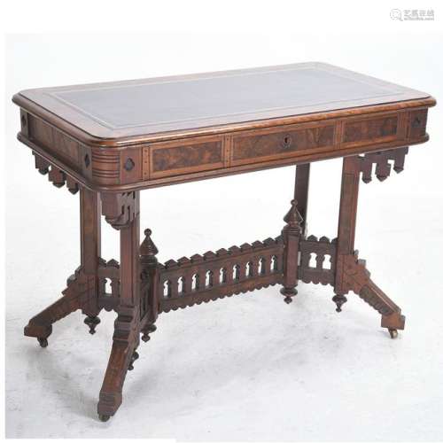 English Victorian Elm and Burled Mahogany Desk with